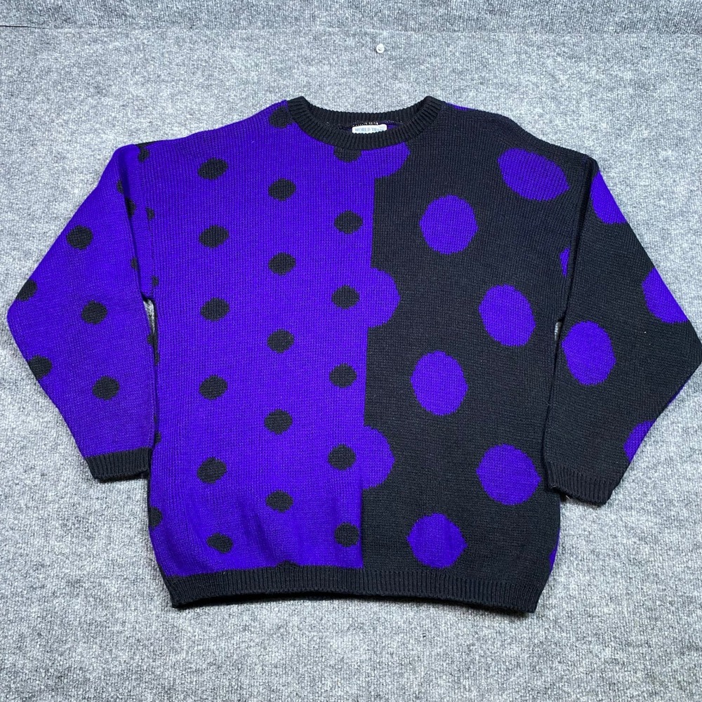 Vintage World Trade Knits‎ Purple Black Polka Dot Colorblock Sweater Mens Large